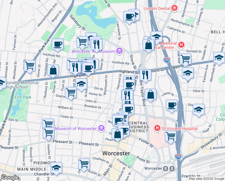 map of restaurants, bars, coffee shops, grocery stores, and more near 4 Lancaster Street in Worcester