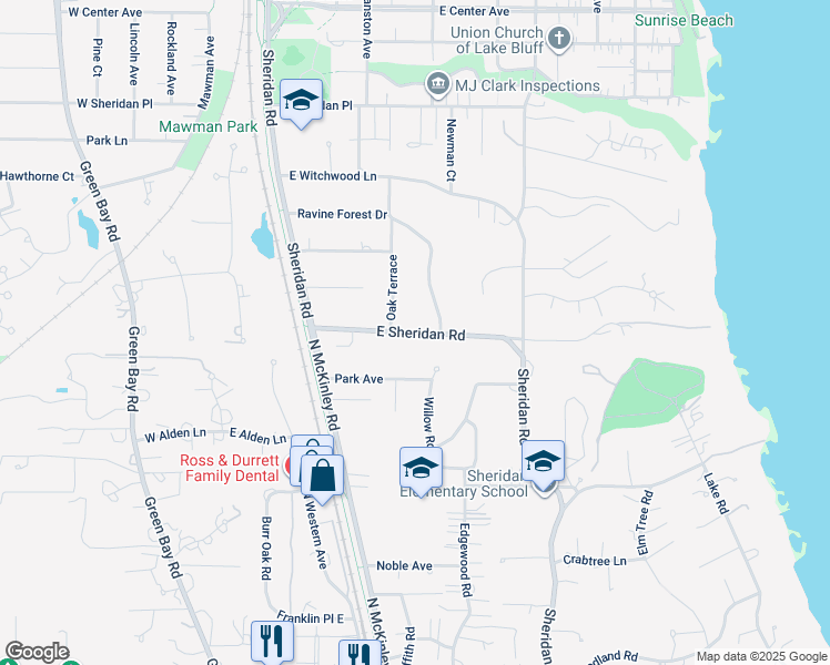 map of restaurants, bars, coffee shops, grocery stores, and more near East Sheridan Road in Lake Bluff