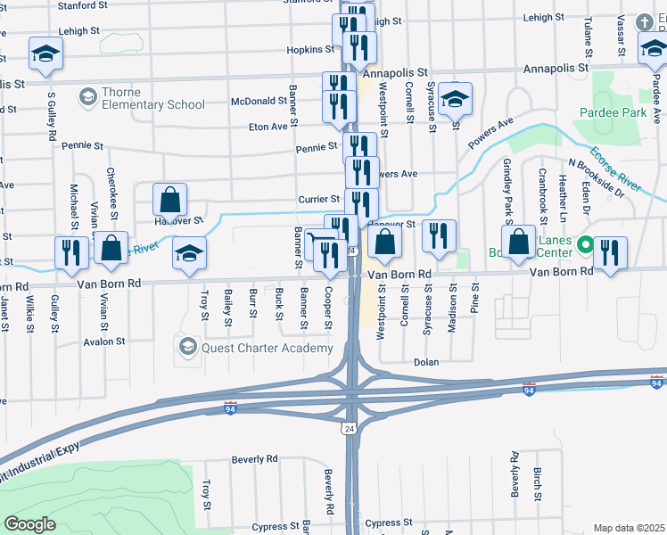 map of restaurants, bars, coffee shops, grocery stores, and more near 5714 South Telegraph Road in Dearborn Heights