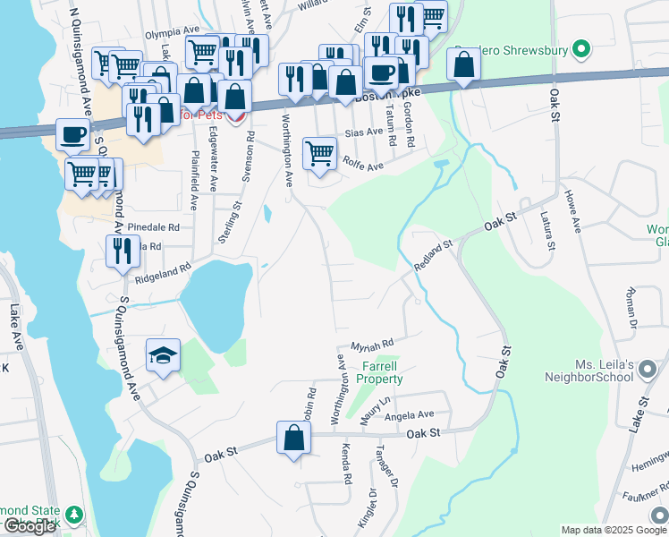 map of restaurants, bars, coffee shops, grocery stores, and more near 77 Worthington Avenue in Shrewsbury