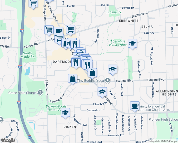 map of restaurants, bars, coffee shops, grocery stores, and more near 912 Evelyn Court in Ann Arbor