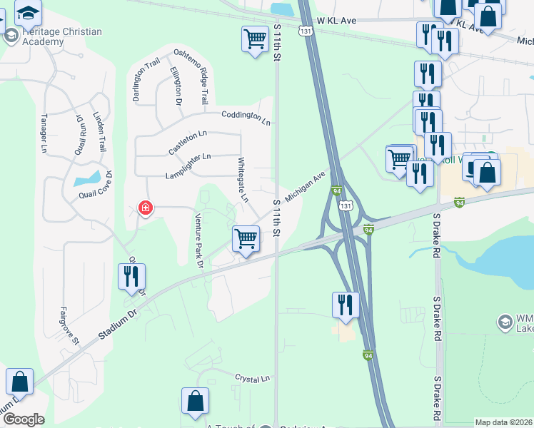 map of restaurants, bars, coffee shops, grocery stores, and more near 5542 West Michigan Avenue in Kalamazoo