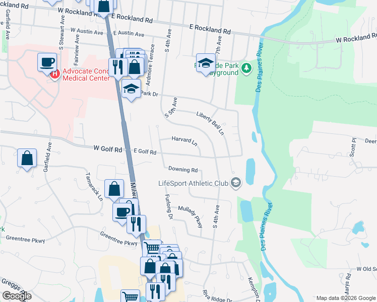 map of restaurants, bars, coffee shops, grocery stores, and more near 627 Harvard Lane in Libertyville
