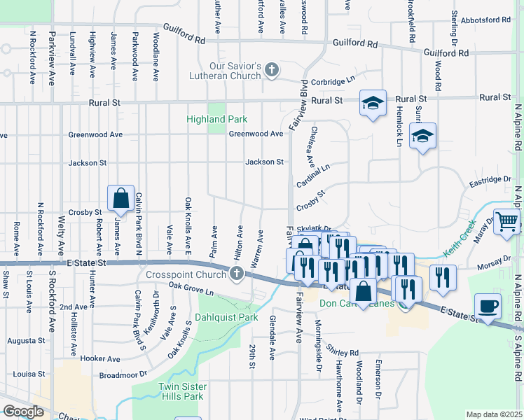 map of restaurants, bars, coffee shops, grocery stores, and more near 298 Warren Avenue in Rockford