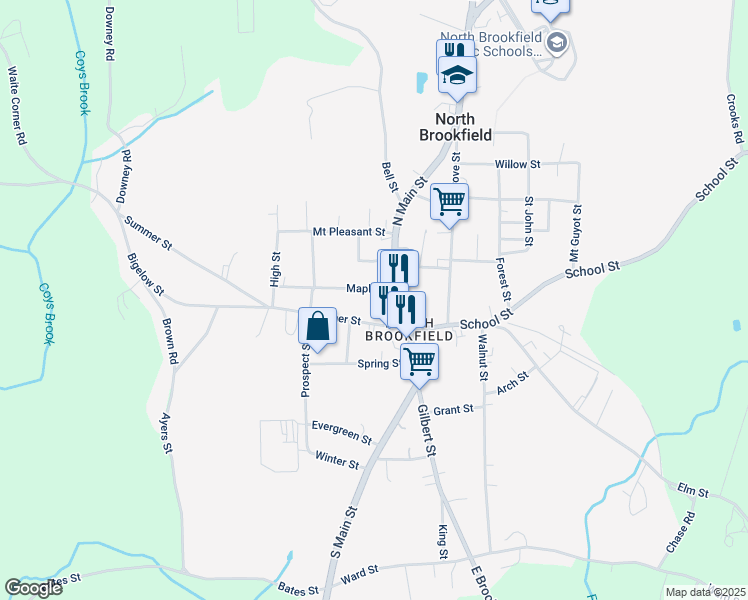 map of restaurants, bars, coffee shops, grocery stores, and more near 13 Maple Street in North Brookfield