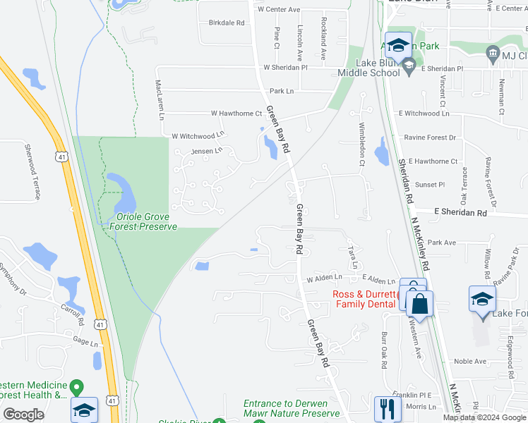 map of restaurants, bars, coffee shops, grocery stores, and more near 1600 Green Bay Road in Lake Bluff