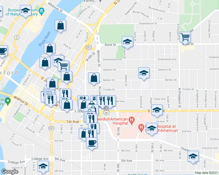 map of restaurants, bars, coffee shops, grocery stores, and more near 1132 Crosby Street in Rockford