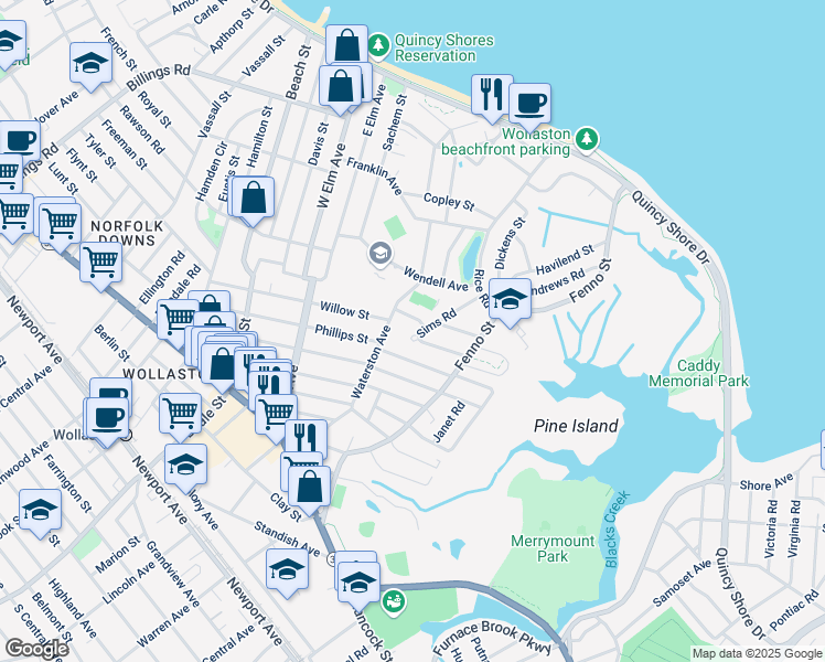 map of restaurants, bars, coffee shops, grocery stores, and more near 45 Sims Road in Quincy
