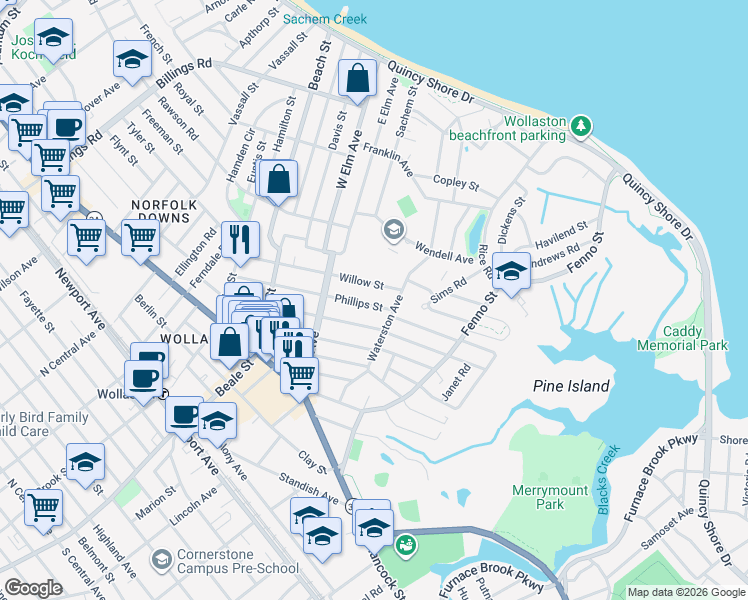 map of restaurants, bars, coffee shops, grocery stores, and more near 121 Willow Street in Quincy