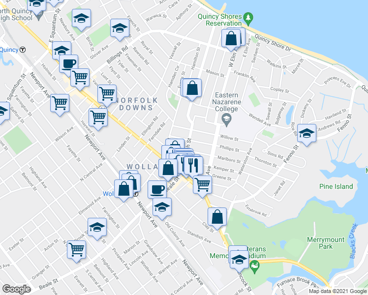 map of restaurants, bars, coffee shops, grocery stores, and more near 29 Phillips Street in Quincy