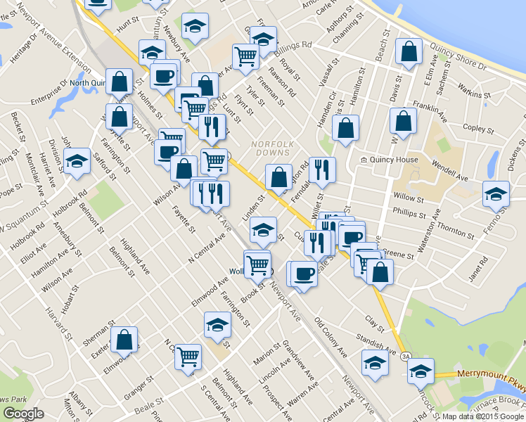 map of restaurants, bars, coffee shops, grocery stores, and more near 553 Hancock Street in Quincy