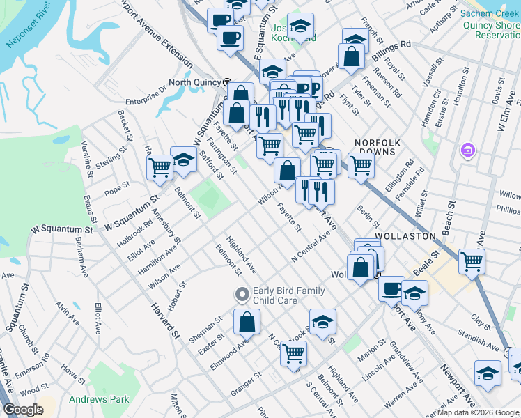 map of restaurants, bars, coffee shops, grocery stores, and more near 111 Farrington Street in Quincy