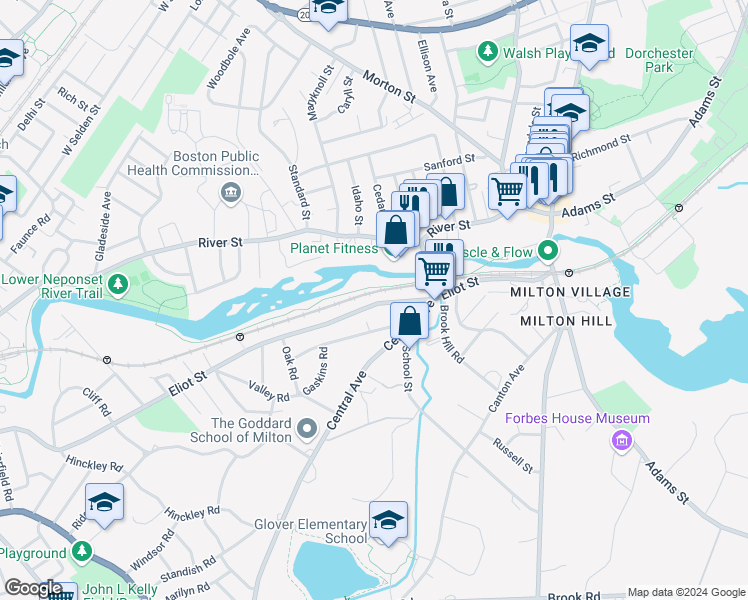 map of restaurants, bars, coffee shops, grocery stores, and more near 171-173 Eliot Street in Milton
