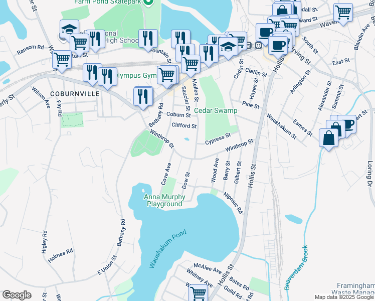 map of restaurants, bars, coffee shops, grocery stores, and more near 131 Mellen Street in Framingham