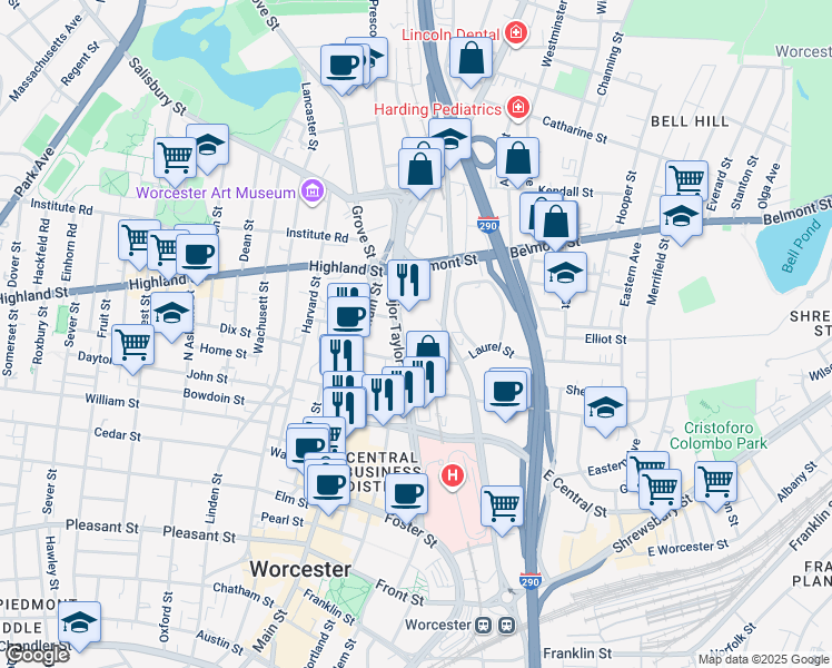 map of restaurants, bars, coffee shops, grocery stores, and more near 47 Summer Street in Worcester