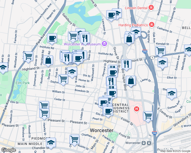 map of restaurants, bars, coffee shops, grocery stores, and more near 11 Lancaster Street in Worcester