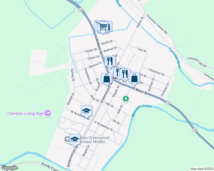 map of restaurants, bars, coffee shops, grocery stores, and more near 7 Orchard Street in Canisteo