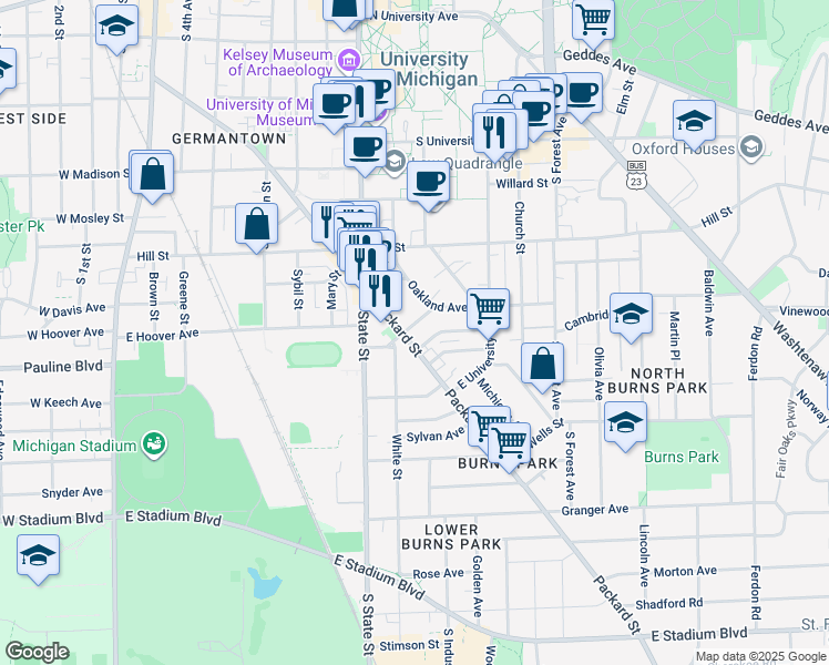 map of restaurants, bars, coffee shops, grocery stores, and more near 741 Packard Street in Ann Arbor