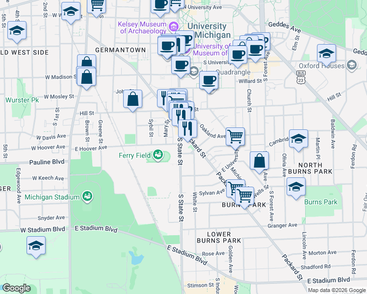 map of restaurants, bars, coffee shops, grocery stores, and more near 925 South State Street in Ann Arbor