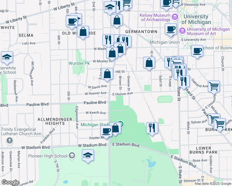 map of restaurants, bars, coffee shops, grocery stores, and more near 110 East Davis Avenue in Ann Arbor