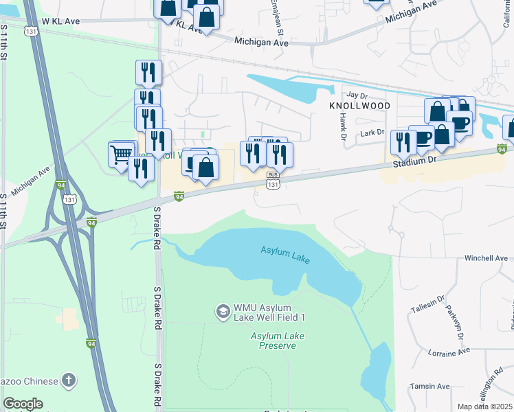 map of restaurants, bars, coffee shops, grocery stores, and more near 4249 Lakesedge Drive in Kalamazoo