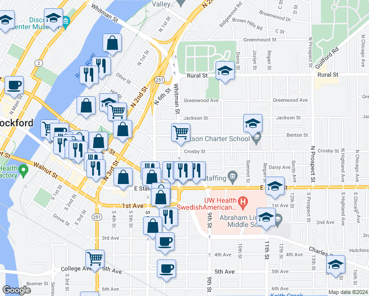 map of restaurants, bars, coffee shops, grocery stores, and more near in Rockford