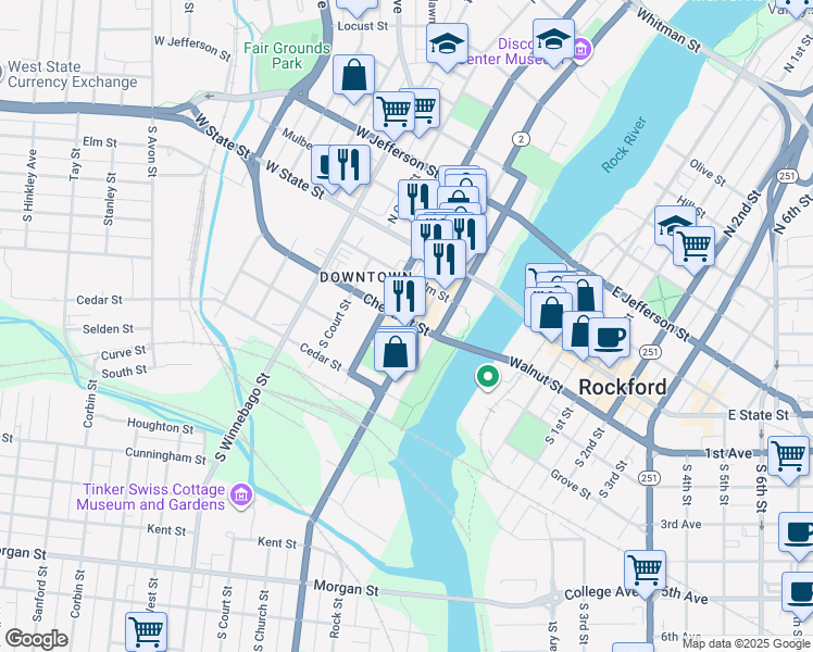 map of restaurants, bars, coffee shops, grocery stores, and more near 301-399 Chestnut St in Rockford