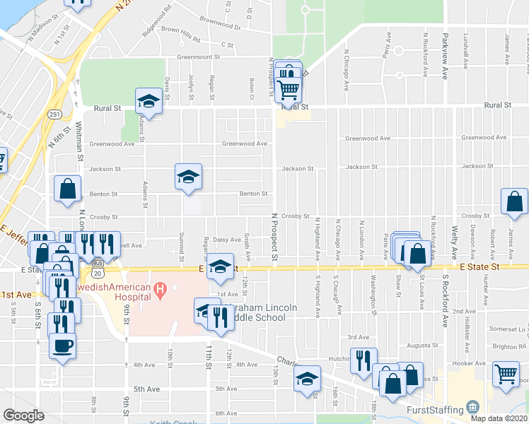 map of restaurants, bars, coffee shops, grocery stores, and more near 1624 Crosby Street in Rockford