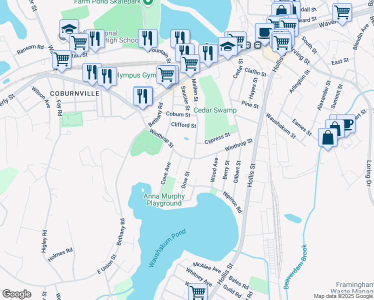map of restaurants, bars, coffee shops, grocery stores, and more near 131 Mellen Street in Framingham