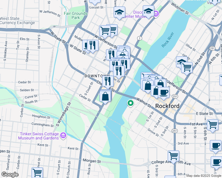 map of restaurants, bars, coffee shops, grocery stores, and more near 301 Chestnut Street in Rockford