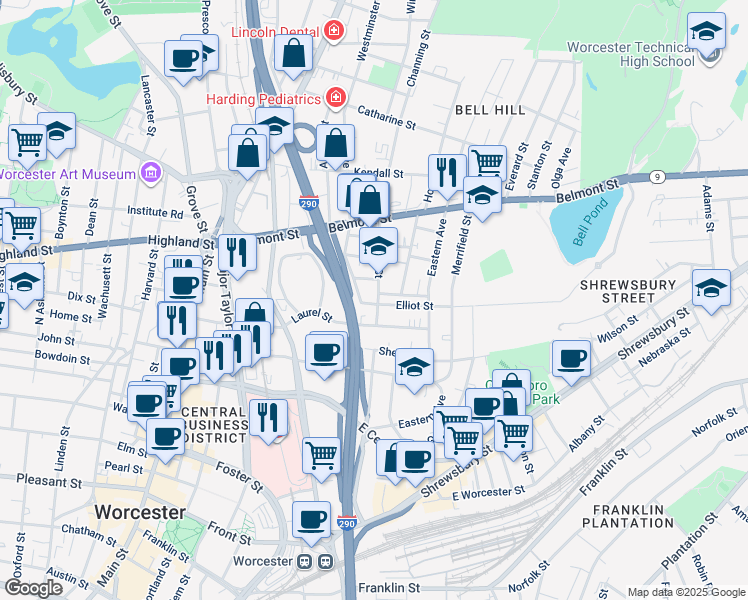 map of restaurants, bars, coffee shops, grocery stores, and more near 34 Edward Street in Worcester