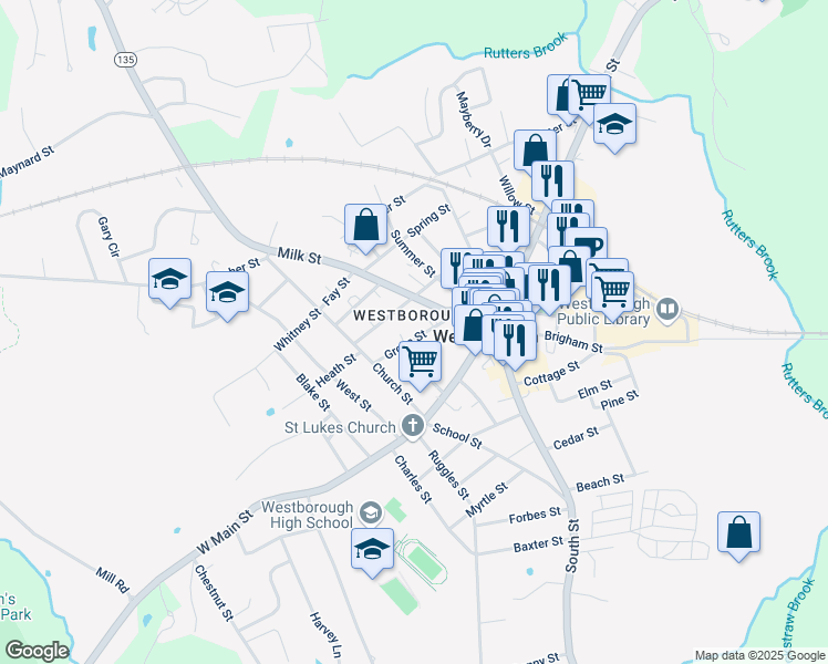 map of restaurants, bars, coffee shops, grocery stores, and more near in Westborough
