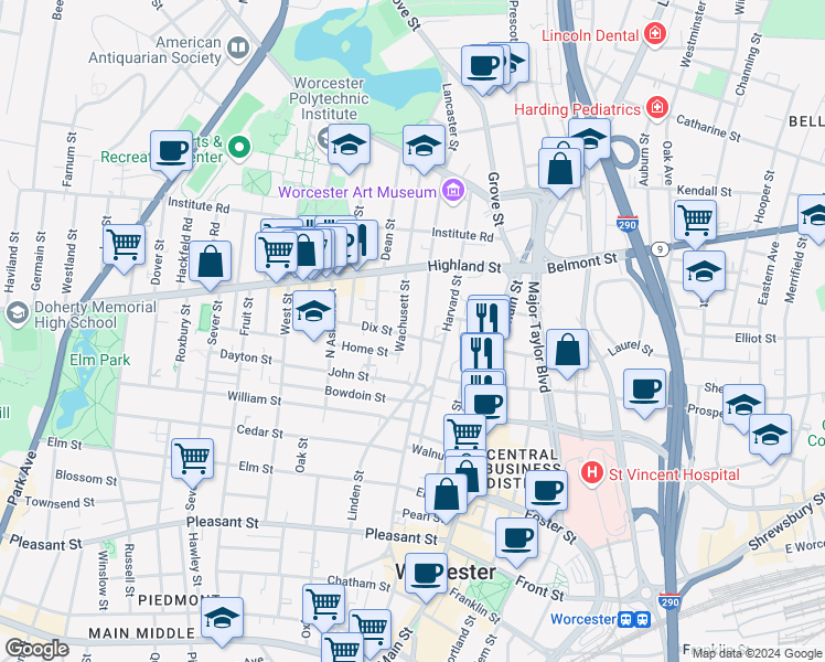 map of restaurants, bars, coffee shops, grocery stores, and more near 8 Dix Street in Worcester