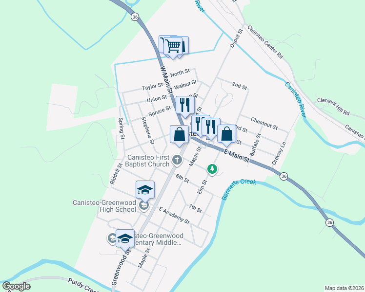 map of restaurants, bars, coffee shops, grocery stores, and more near in Canisteo