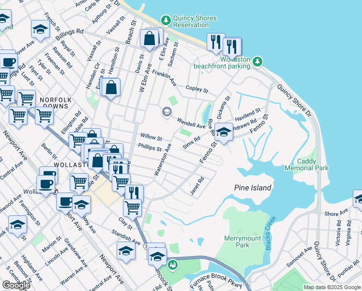 map of restaurants, bars, coffee shops, grocery stores, and more near 45 Sims Road in Quincy