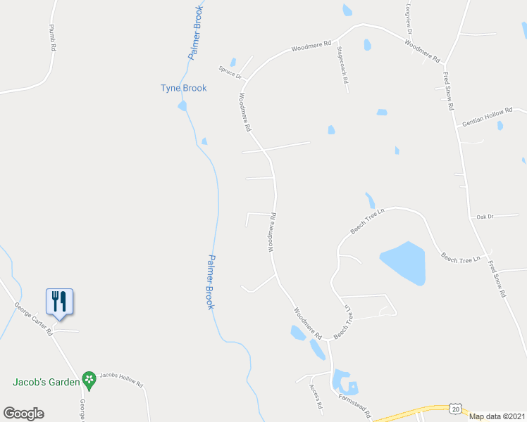 map of restaurants, bars, coffee shops, grocery stores, and more near 249 Woodmere Road in Becket