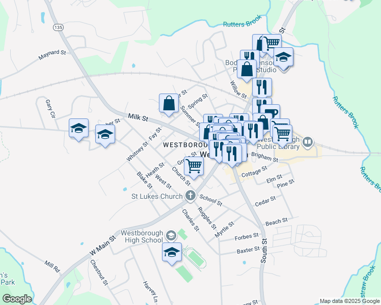 map of restaurants, bars, coffee shops, grocery stores, and more near 1 Homestead Boulevard in Westborough