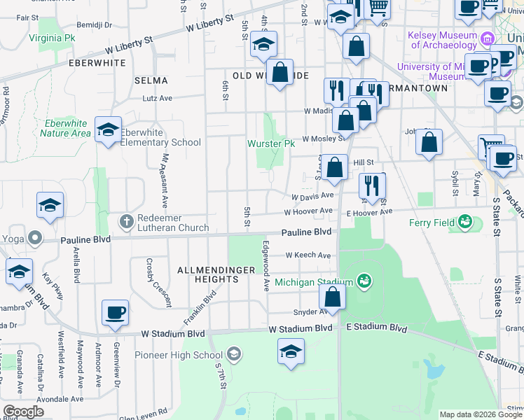 map of restaurants, bars, coffee shops, grocery stores, and more near 905 5th Street in Ann Arbor