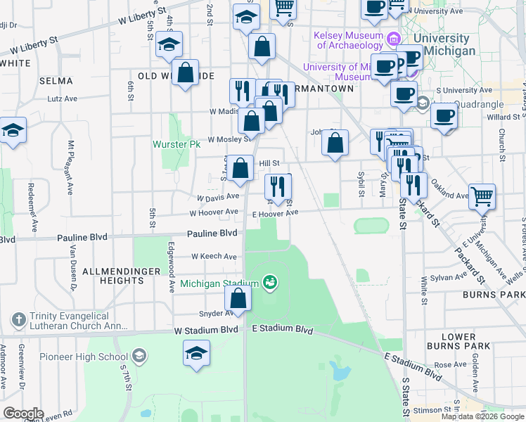 map of restaurants, bars, coffee shops, grocery stores, and more near 121 East Hoover Avenue in Ann Arbor