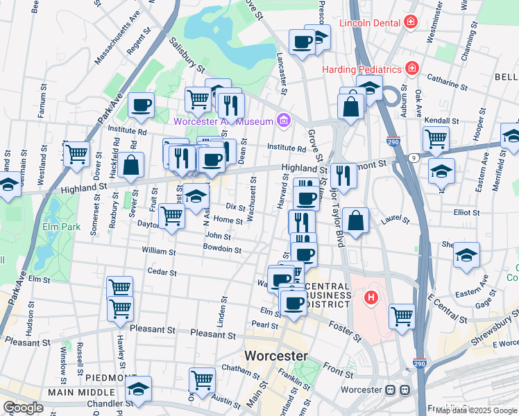 map of restaurants, bars, coffee shops, grocery stores, and more near 8 Dix Street in Worcester