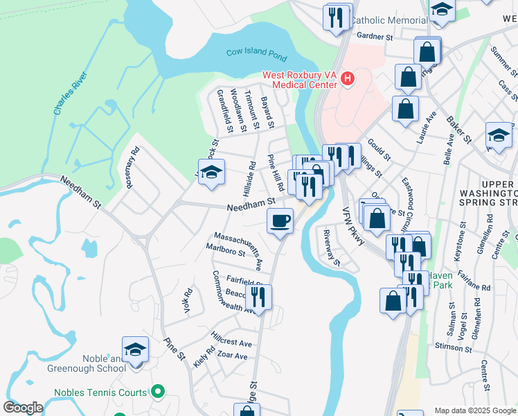 map of restaurants, bars, coffee shops, grocery stores, and more near 89 Needham Street in Dedham