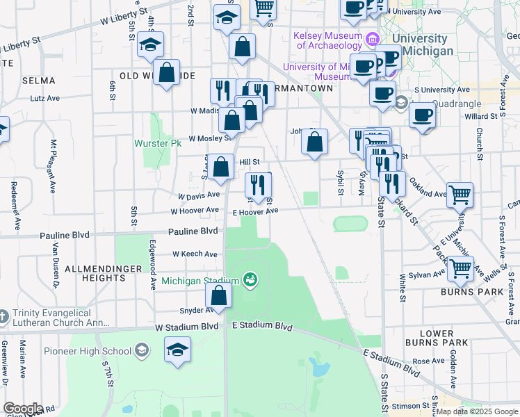 map of restaurants, bars, coffee shops, grocery stores, and more near 145 East Hoover Avenue in Ann Arbor