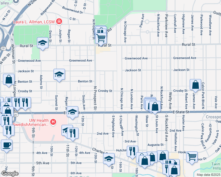 map of restaurants, bars, coffee shops, grocery stores, and more near 312 North Highland Avenue in Rockford
