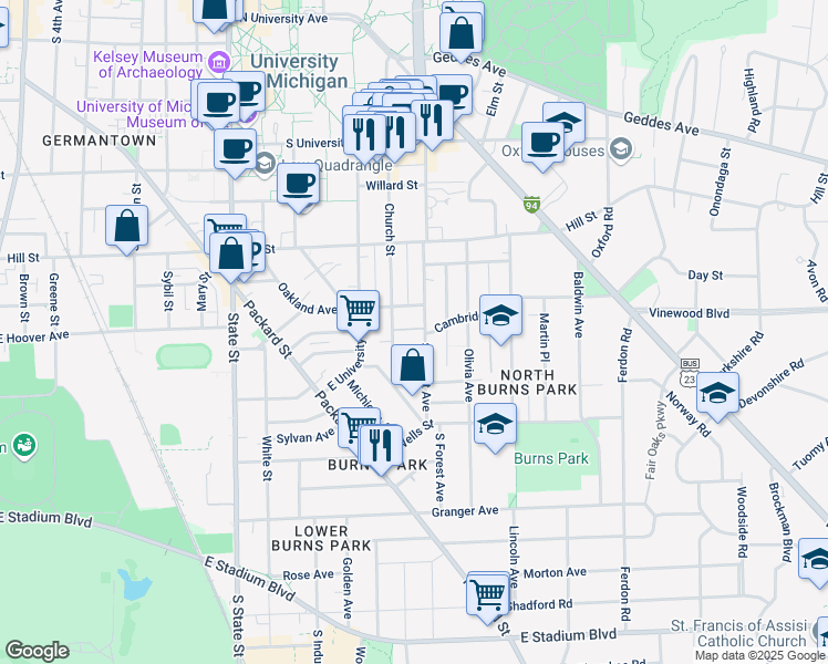 map of restaurants, bars, coffee shops, grocery stores, and more near 1305 Cambridge Road in Ann Arbor