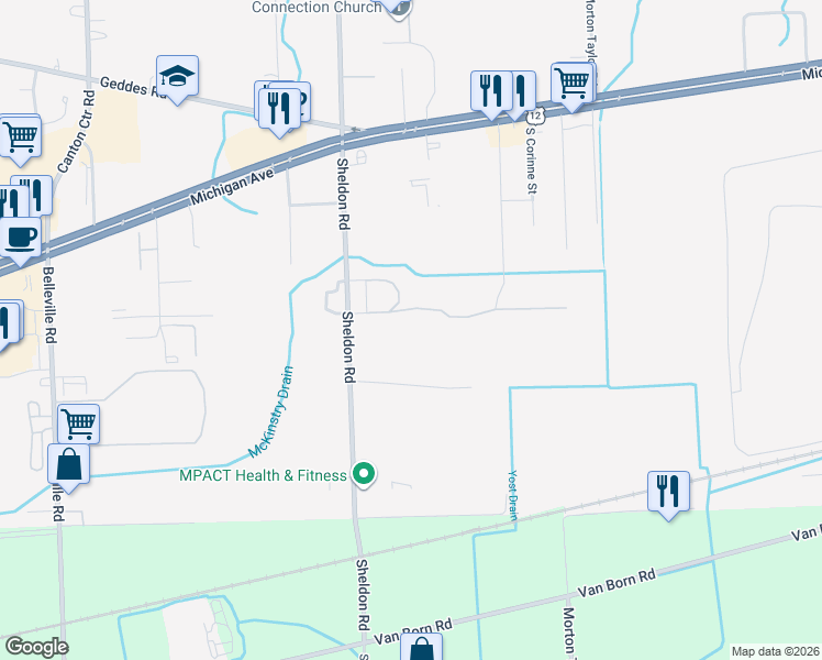 map of restaurants, bars, coffee shops, grocery stores, and more near 4891 South Sheldon Road in Canton