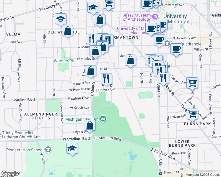 map of restaurants, bars, coffee shops, grocery stores, and more near 145 East Hoover Avenue in Ann Arbor
