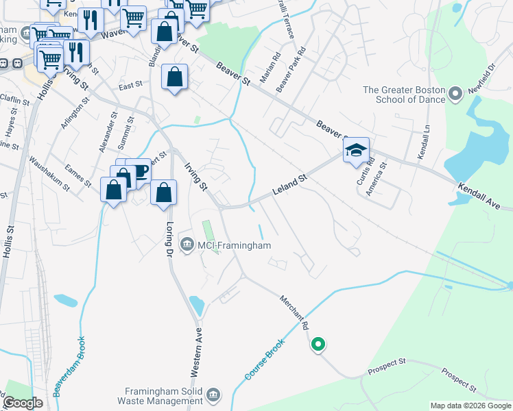 map of restaurants, bars, coffee shops, grocery stores, and more near 45 Leland Street in Framingham