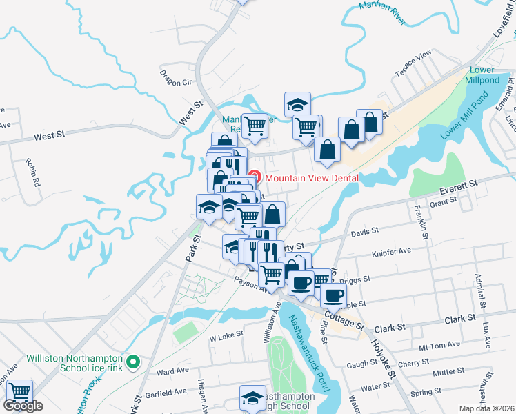 map of restaurants, bars, coffee shops, grocery stores, and more near 1 Campus Lane in Easthampton