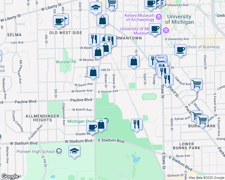 map of restaurants, bars, coffee shops, grocery stores, and more near 157 East Hoover Avenue in Ann Arbor