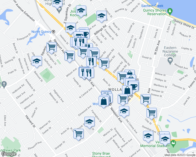 map of restaurants, bars, coffee shops, grocery stores, and more near 21 Linden Street in Quincy